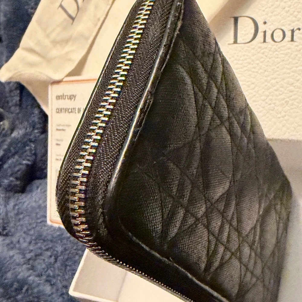 Dior Black Quilted Leather Zippy Wallet with Silver Charm